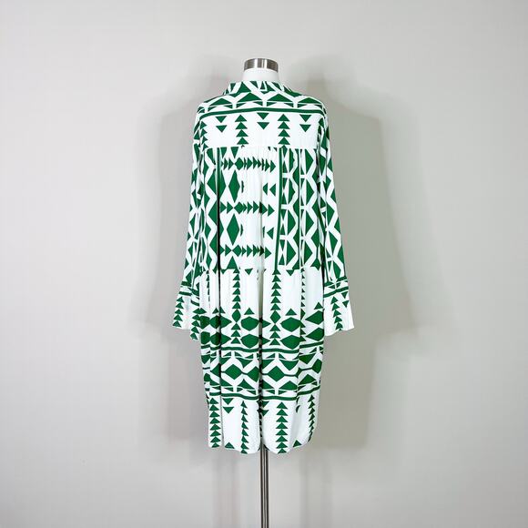 Anna Kay | Geometric White Green Bell Sleeve Flowy Short Designer Summer Dress L - Picture 7 of 11